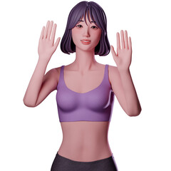 portrait, half body of beauty sport girl in sport wear greeting with raise both hands, 3D  character render