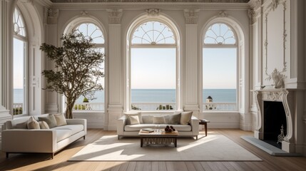 
Luxurious baroque-style living room with tall arched windows overlooking the sea, elegant white interior, minimalistic furniture, and a cozy fireplace in a seaside villa