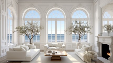 Fototapeta premium Elegant living room with classical white decor, large arched windows overlooking the sea, minimalist furniture, and indoor trees, creating a serene atmosphere in a seaside villa
