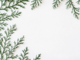 Fototapeta premium Minimalist arrangement of green cedar branches on a white background. Clean and natural holiday-themed design.