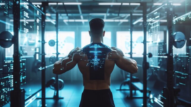 A muscular man stands with his back facing the viewer, displaying a digital data projection overlay on his body in a high-tech gym environment. The setting is modern and futuristic, representing