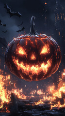 Naklejka premium Fiery Jack-o'-lantern glows over a burning city.