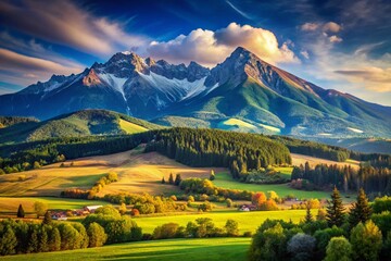 Naklejka premium Majestic View of the Highest Mountain in Slovakia Surrounded by Scenic Landscape and Clear Skies