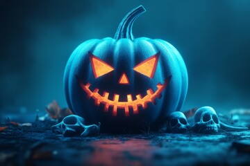 Fototapeta premium Single menacing blue jack o lantern glowing ominously in the dark with surrounding skull props casting a cold eerie atmosphere under harsh lighting