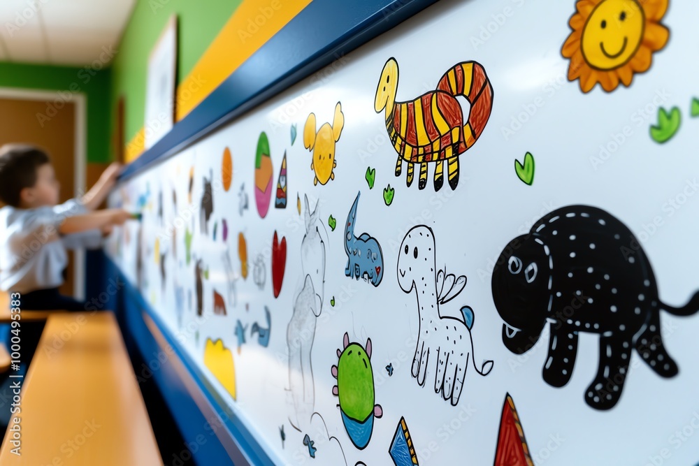 Poster whiteboard filled with colorful drawings of animals and shapes, with a teacher using these visuals t