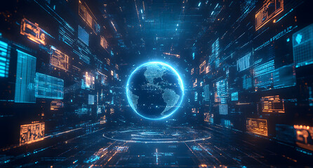 Futuristic Digital Globe with Data Flow in a Technological Network