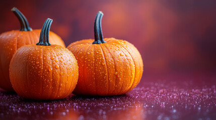 Three pumpkins with water droplets, a perfect fall display.