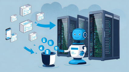 AI Training Process: Robot Interacting with Servers and Data Sets in a Cloud Computing Environment