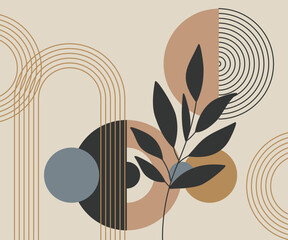 Estetyczna nowoczesna kompozycja z abstrakcyjnym elementem botanicznym, geometrycznymi kształtami. Ilustracja wektorowa do wykorzystania dla sztuki ściennej, tapet, dekoracji, wystroju wnętrz.