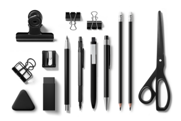 Collection of various black colored pens, pencils, mechanical pencils, brushes, erasers, paper clip, scissors and ruler isolated on a transparent background, PNG. High resolution. 