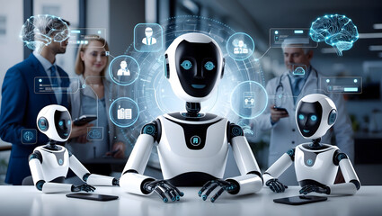 Futuristic AI Chatbots Collaborating with Humans in a High-Tech Medical and Business Environment