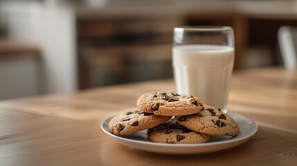 Chocolate chip cookies and a glass of milk on a wooden table - Powered by Adobe