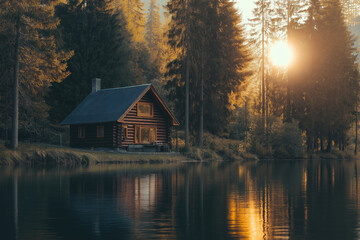 Fototapeta premium Forest's Embrace: A Peaceful Lakeside Cabin Nestled in a Dense Forest Sanctuary
