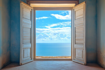 Obraz premium Seaside Serenity: A Wide-open Window with a Gentle Sea Breeze Flowing Through Sheer Curtains