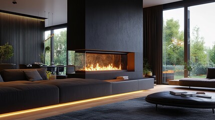 A warm and cozy fireplace radiates comfort in a modern and stylish room, featuring sleek lines and contemporary decor. 