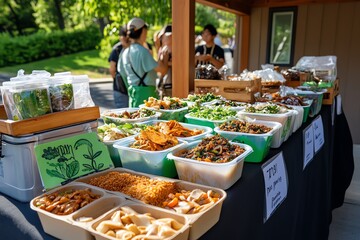 Zero-waste community event, where participants bring reusable containers, reduce plastic waste, and use compostable materials, symbolizing environmental awareness