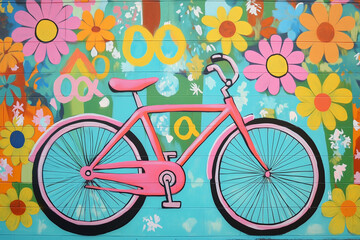 Fototapeta premium Pedal Power Past: A Colorful 1970s-style Mural Featuring a Retro Bicycle and Psychedelic Patterns