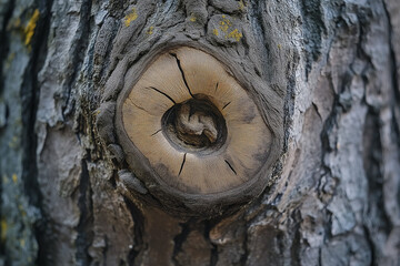 Woodland Blemish: A Detailed View of a Tree Trunk with a Large, Intriguing Knot in its Bark
