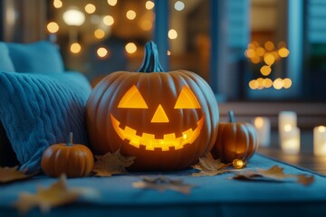 Fototapeta premium Cozy Halloween pumpkin glowing brightly indoors next to small decorative gourds with warm candlelight and soft pillows in a peaceful autumn atmosphere