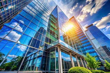 Modern High Rise Office Building Against Clear Blue Sky with Reflections in Glass Windows