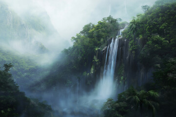 Fototapeta premium Misty Magnificence: A Cascading Waterfall Descending a Rocky Cliff in a Serene Landscape