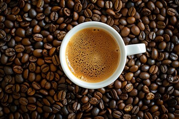 Fototapeta premium Cup of coffee in a lot of coffee bean backgrounds