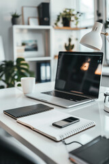 Naklejka premium Minimalist Masterpiece: A Sleek, White Office Desk for Focused Productivity and Clean Aesthetics