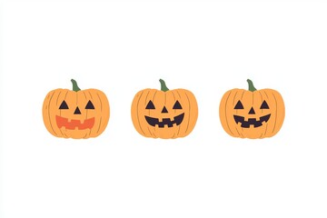 Three cute cartoon jack o lanterns smiling brightly in a simple design perfect for festive and playful Halloween decorations or illustrations for children