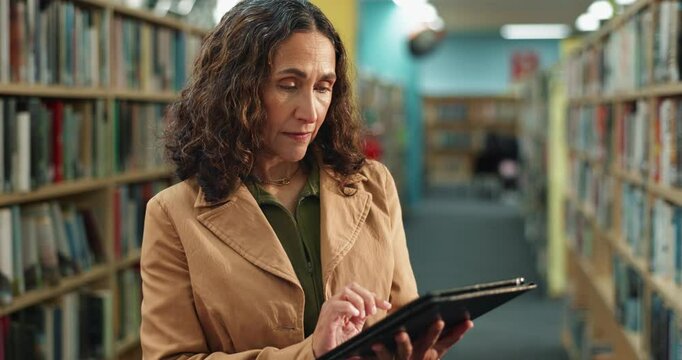 Woman, library and publisher with tablet for inspection, inventory or checking stock on bookshelf at bookstore. Female person, author or librarian with technology for bookkeeping service at book shop
