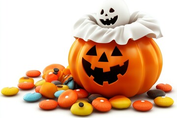 Halloween jack o lantern filled with colorful candy topped with a ghost decoration creating a playful and festive candy bowl perfect for Halloween parties