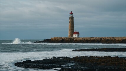Obraz premium lighthouse with tidal changes revealing rocks background