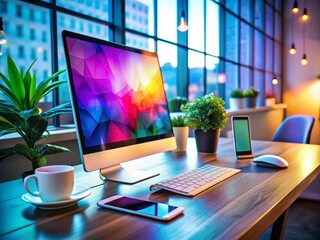 Fototapeta premium Modern Workspace with Computer Screen and Smartphone on Desk Showing Technology and Connectivity