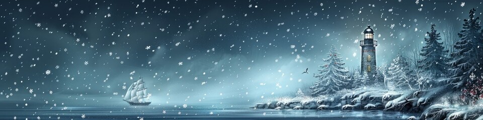 Naklejka premium Winter Night with Lighthouse and Sailing Ship