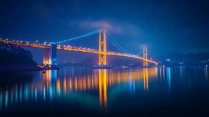 Fototapeta premium A suspension bridge illuminated at night, reflected in the calm waters of a bay.