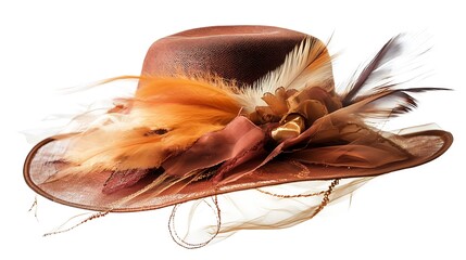 Brown hat with feathers and ribbon isolated on white background.