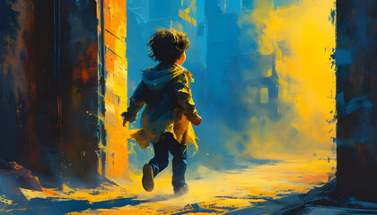 Child Running Through Yellow and Blue Cityscape