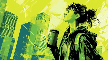 This vibrant digital illustration features a young woman gazing upward, holding a coffee cup in an abstract, green-toned city. The energetic composition evokes a modern urban lifestyle with a sense of