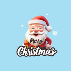 Merry Christmas. Cheerful Santa with a gift, 3D. Calligraphic text, greetings. Blue banner for Christmas celebration concepts, advertising concepts, and sales. Vector illustration.