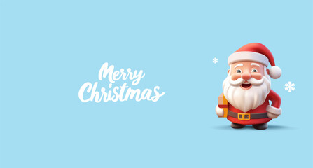 Merry Santa, 3D. Merry Christmas and Happy New Year. Blue banner for the concepts of celebrations, gifts, greetings, discounts, and festive mood. Vector illustration.
