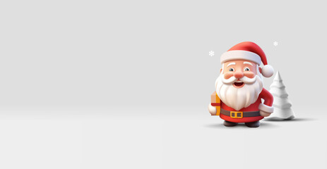 Cheerful character of Santa Claus smiling, 3D. A gift, a Christmas tree. Light banner for advertising concepts, celebrations, greetings, advertising, and sales. Vector illustration.