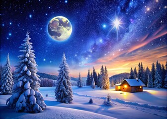 Naklejka premium Peaceful Silent Night Graphic with Starry Sky, Moon, and Tranquil Winter Landscape Illustration