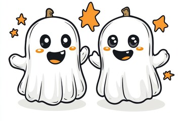 Fototapeta premium Cute ghost characters with smiling faces and waving arms surrounded by stars creating a playful and whimsical Halloween design perfect for children’s decorations or illustrations