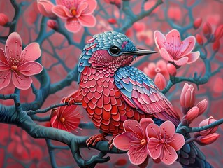 Obraz premium Vibrant Bird Perched on a Branch with Pink Blossoms