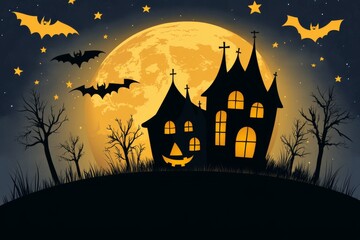 Silhouette of a haunted house against a bright full moon with bats flying around surrounded by leafless trees creating an eerie atmosphere for a spooky Halloween night scene
