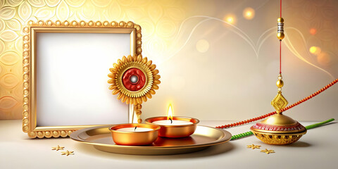 Fototapeta premium 3D Diya & Rakhi Festive Border Frame with Copy Space for Bhai Dooj - Glowing Diya & Rakhi Design on a Modern White Background