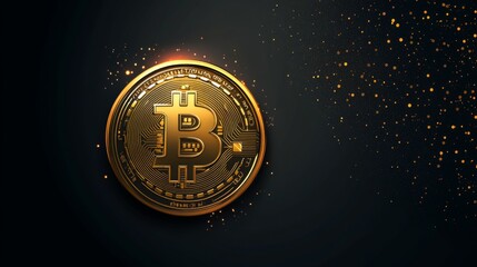 This image features a golden Bitcoin coin displayed prominently against a dark background with sparkling particles, representing digital currency and financial technology.