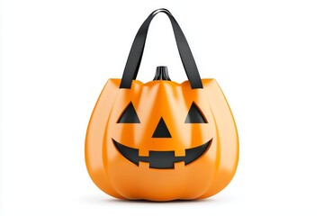 Bright orange plastic pumpkin trick or treat bag with a carved jack o lantern face designed for Halloween candy collection featuring a smooth glossy surface and playful Halloween theme
