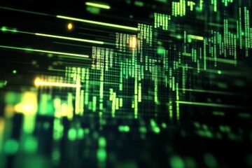Obraz premium This image features an abstract green background with digital code and light streaks, representing technology, data, and futuristic elements in a dynamic environment.
