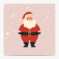 Cute Christmas greeting card, postcard, invitation with Santa Claus on pink, snowy background, vector illustration