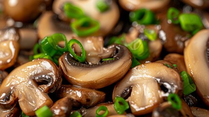 Fototapeta premium This image showcases a delicious, close-up view of sautéed mushrooms, glistening with a fresh garnish of green onions, perfect for culinary and food-related themes.